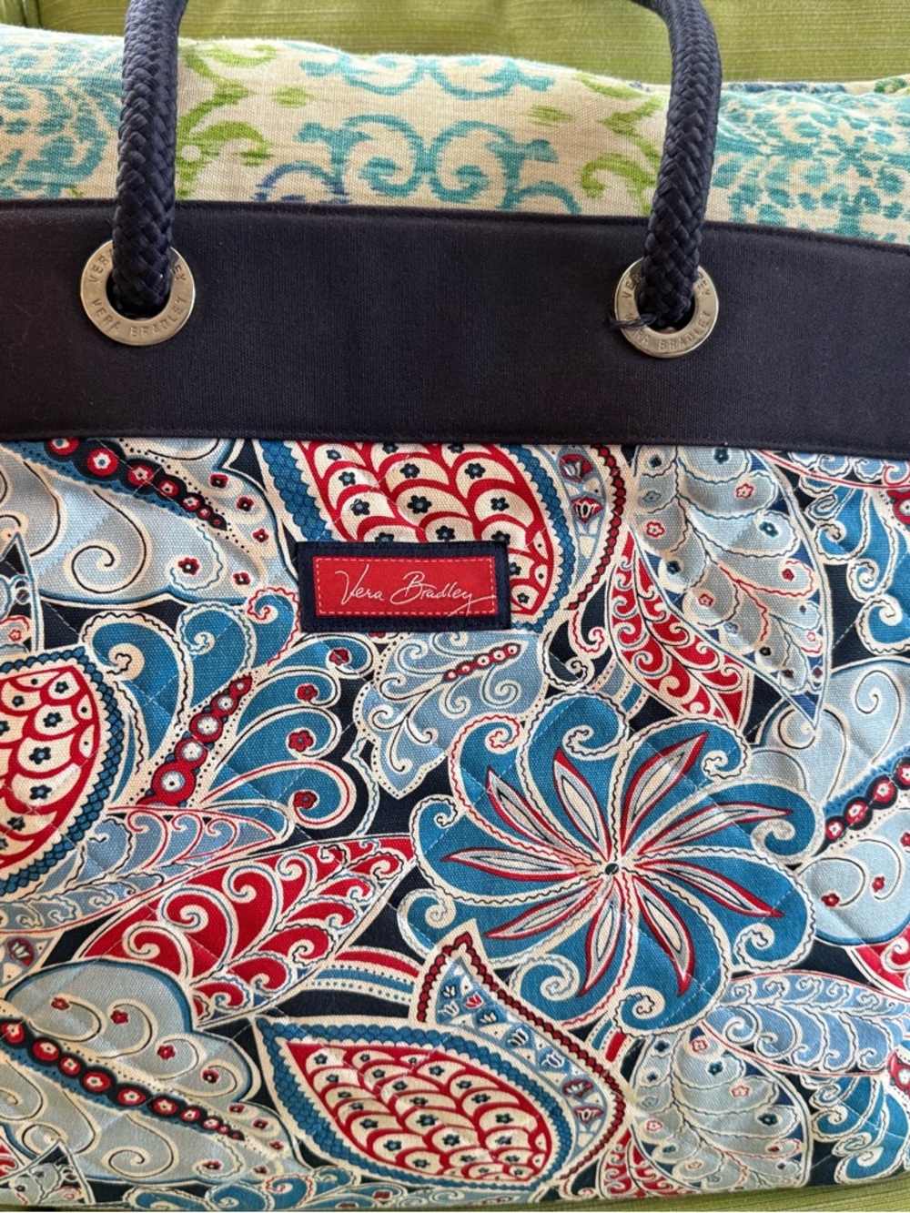 Vera Bradley Navy Blue Red Paisley Canvas Tote with Braided Handles